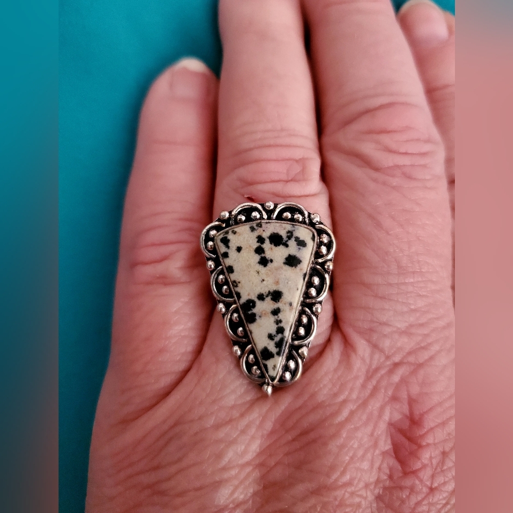 NEW Dalmatian Jasper natural stone Ring Size 7 1/2   .925 overlay - Picture 4 of 6